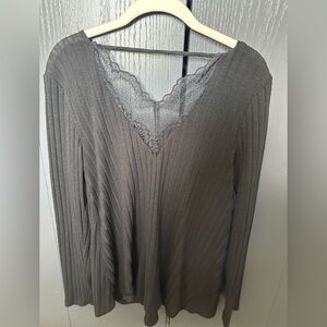 Black Ribbed V-Neck Sweater with Lace Trim